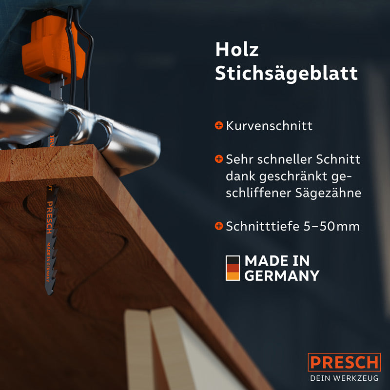 PRESCH Decoupeerbladen voor hout, precieze en efficiënte zaagbladgereedschappen, Made in Germany.