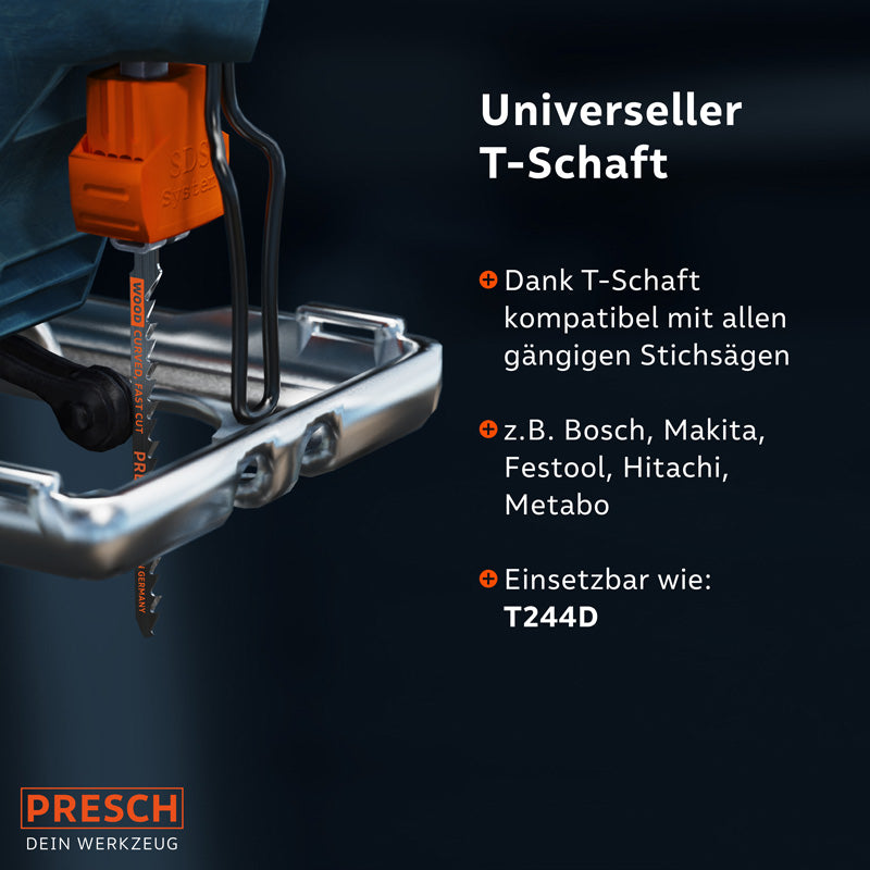 Universeller T-Schaft Stichsägeblätter für Holz von PRESCH, kompatibel mit gängigen Elektrosägen, dargestellt mit Beispielen für Maschinenmarken.