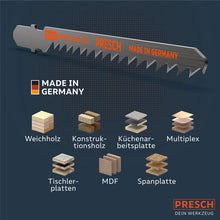 PRESCH Stichsägeblätter für Holz, geeignet für Schnellarbeits-Sägearbeiten und verschiedene Holzmaterialien wie Weichholz und Multiplex.