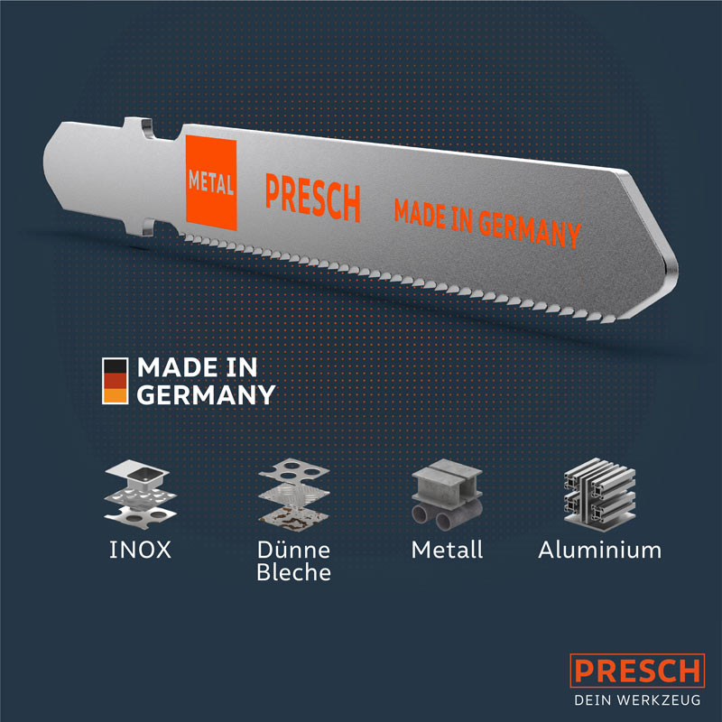 PRESCH Decoupeerzaagbladen voor hout en metaal, kwaliteitsgereedschap Made in Germany, geschikt voor diverse materialen zoals INOX en aluminium