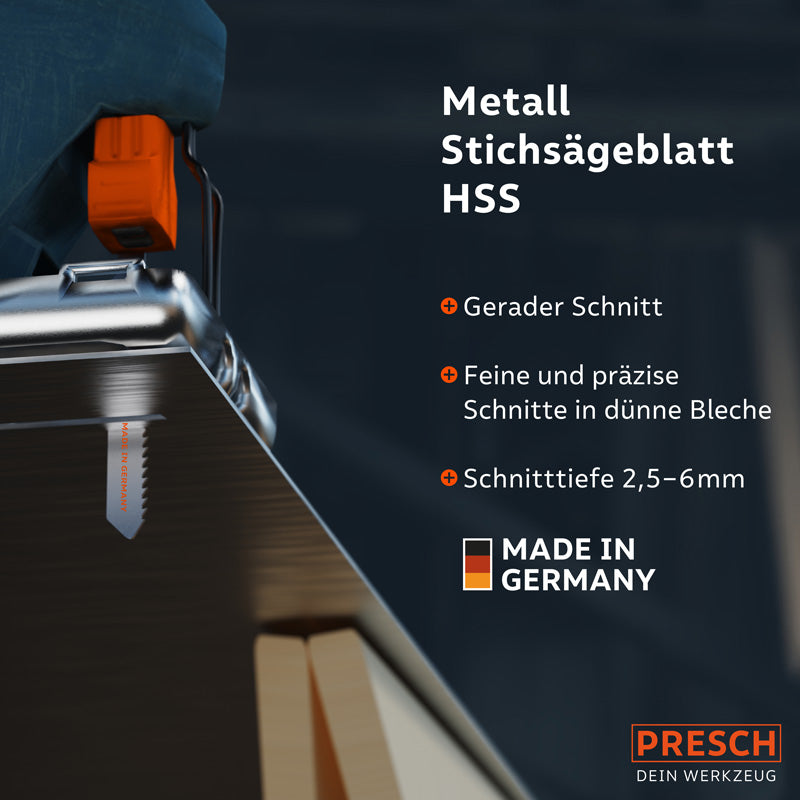 PRESCH Metaal Decoupeerzaagbladen voor hout met rechte snede en hoge zaagprecisie, kwaliteit Made in Germany.