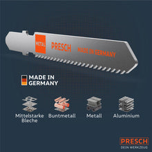 PRESCH Decoupeerzaagbladen voor hout, zaagbladaccessoires en zaagsneden in verschillende materialen zoals middelsterke platen, non-ferro metalen, metaal en aluminium.