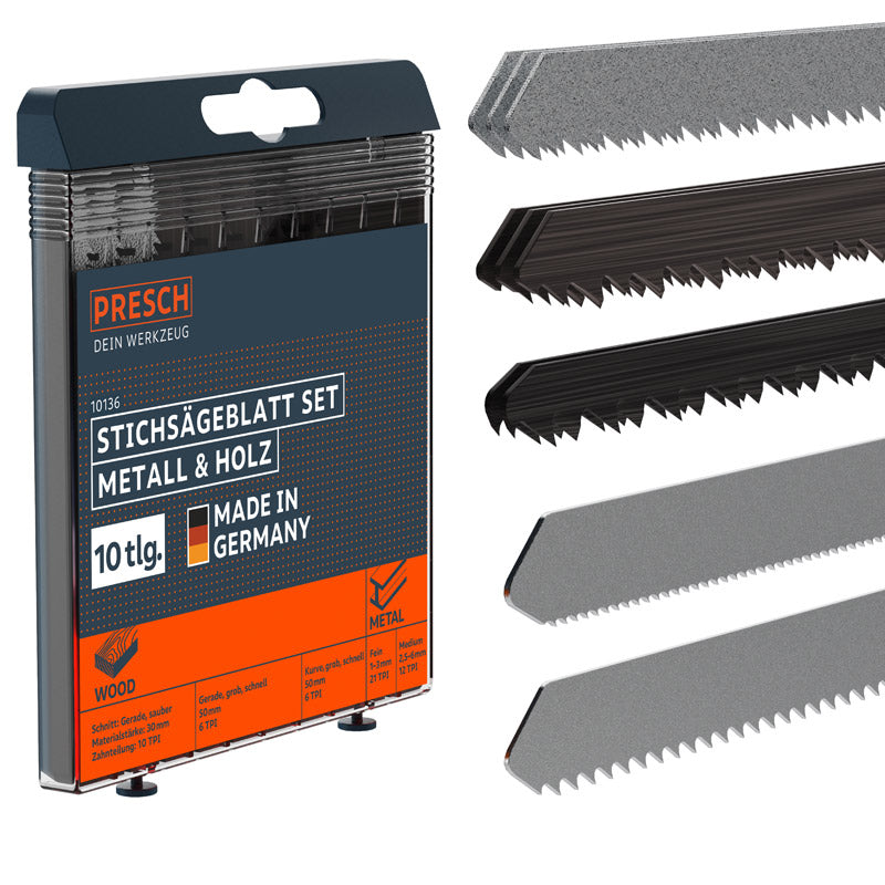 Set de lames de scie sauteuse Presch pour bois et métal, comprenant différentes lames avec différents pas de denture et qualités de coupe.