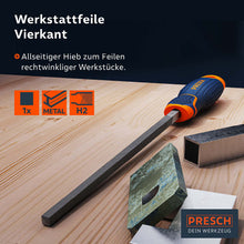 PRESCH Lime carrée sur support en bois avec poignée ergonomique et meulage métallique pour le traitement précis des pièces.
