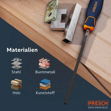PRESCH Lime carrée avec exemples pour le travail du métal et limes à bois sur support bois